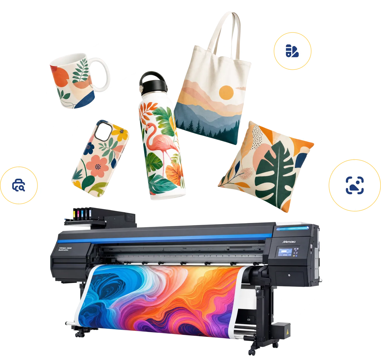 Sublimation printer with custom printed mugs, tote bags, bottles and pillows