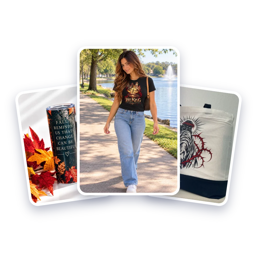 FAITH t-shirt, fall tumbler and Jesus tote bag printed by JC Global Sales in Corinth, Texas